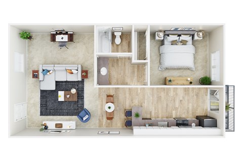 A top-down view of a small apartment with a living room, kitchen, and bedroom.